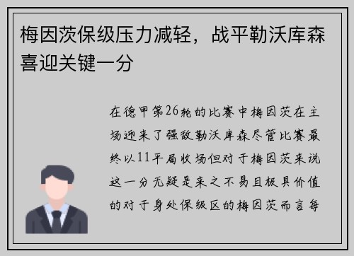 梅因茨保级压力减轻，战平勒沃库森喜迎关键一分